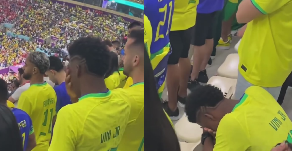 Vídeo mostra irmão de Vini Jr chorando ao vê-lo estreiando pela seleção brasileira em uma Copa do Mundo.
